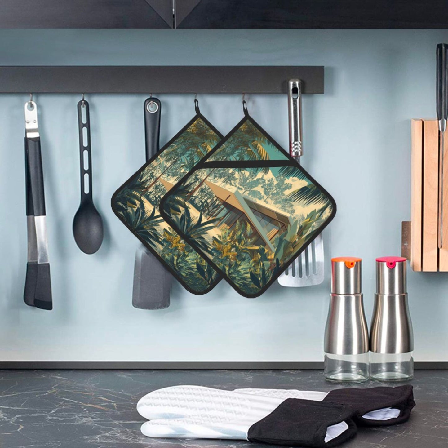 Square Heat Resistant Pads Set of 2 – Durable Non-Slip Kitchen and Dining Table Protectors with Artistic Printed Design