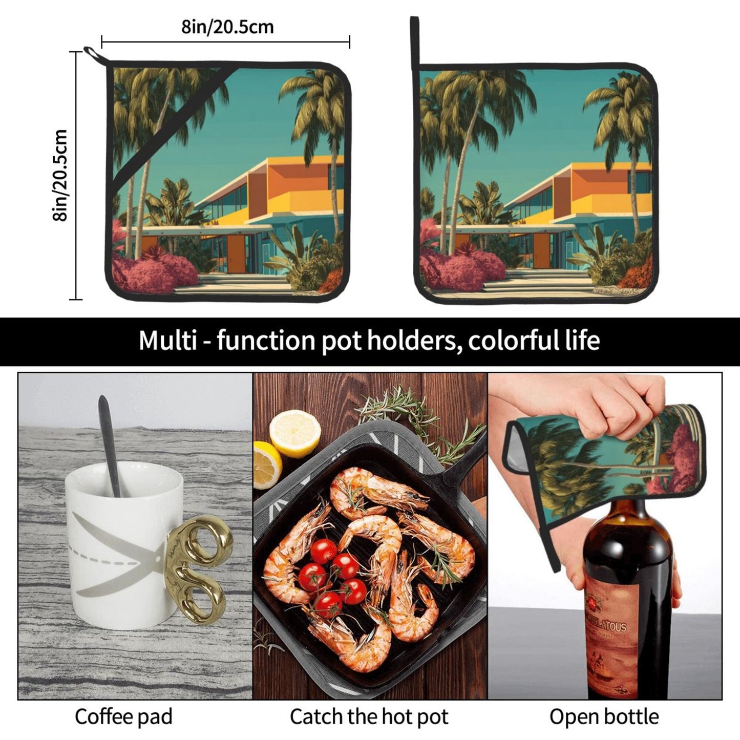 Square Heat Resistant Pads Set of 2 – Durable Non-Slip Kitchen and Dining Table Protectors with Tropical Modern Print