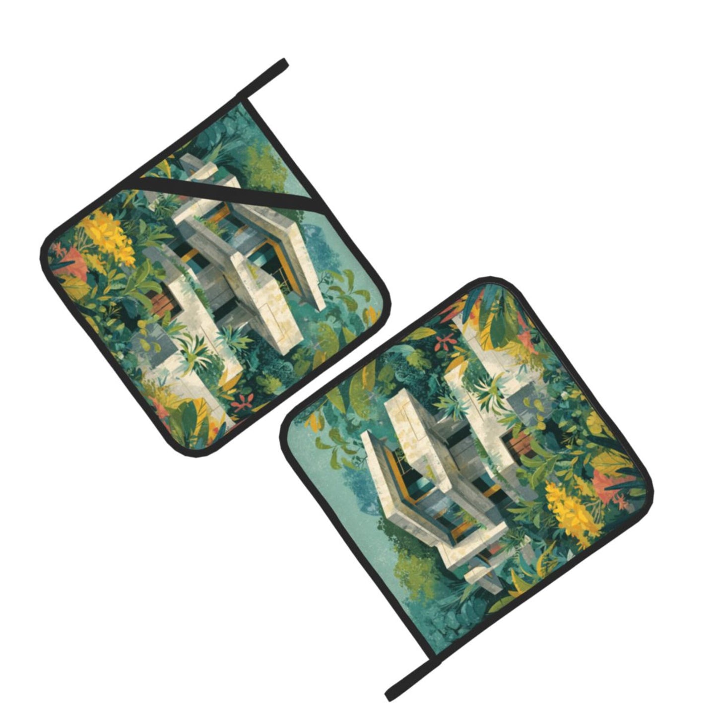 Square Heat Resistant Pads Set of 2 – Kitchen and Dining Table Protectors with Forest Villa Design, Durable and Easy to Clean