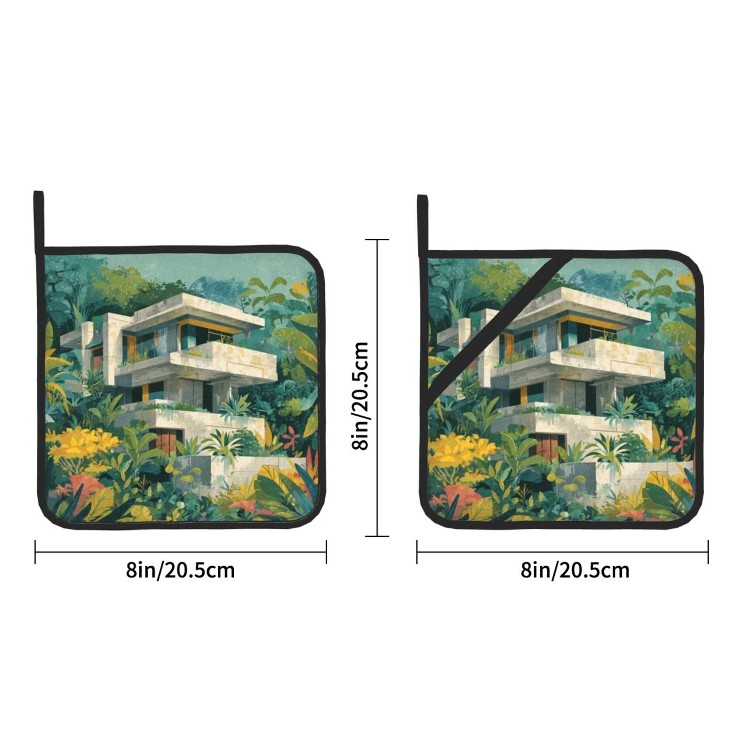 Square Heat Resistant Pads Set of 2 – Kitchen and Dining Table Protectors with Forest Villa Design, Durable and Easy to Clean