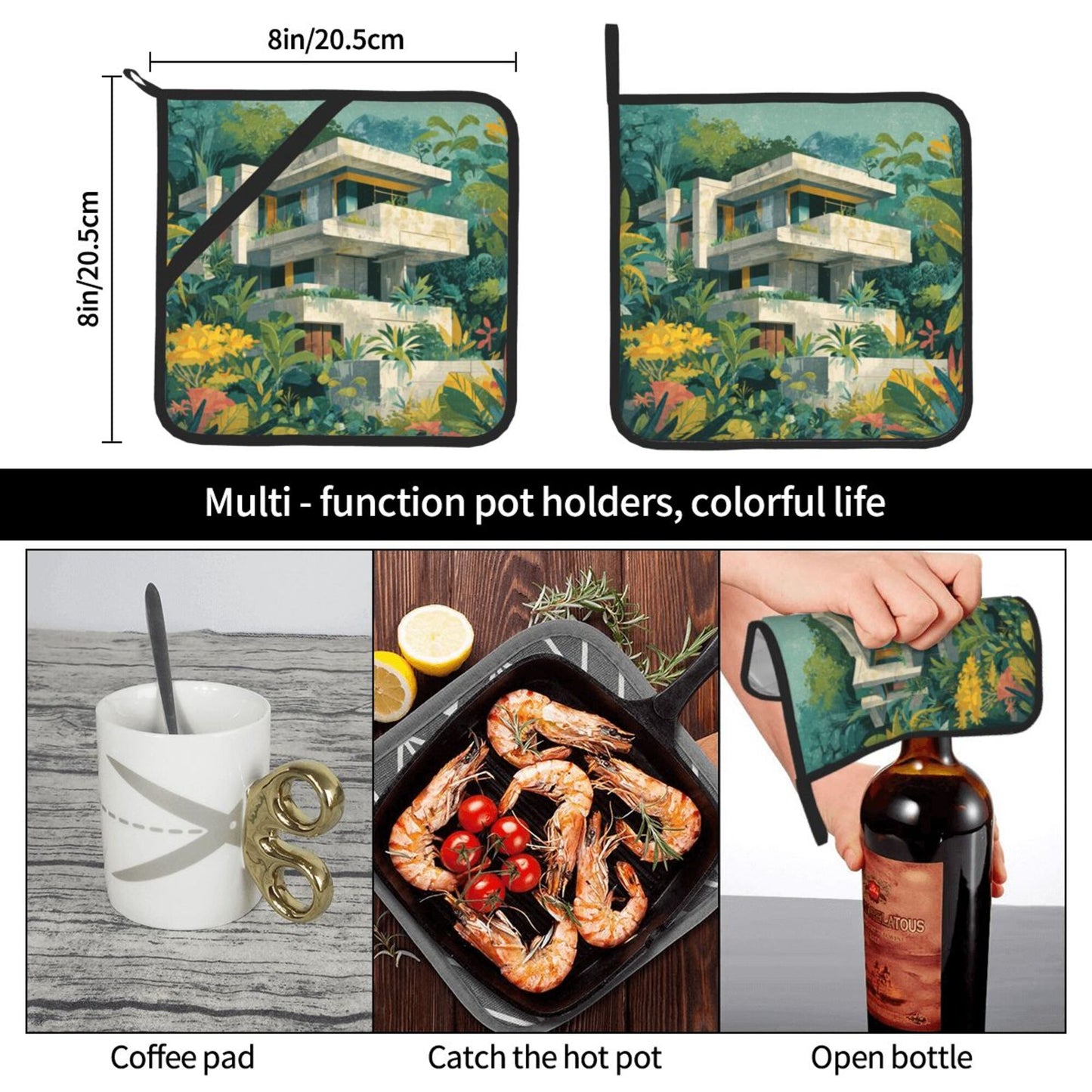 Square Heat Resistant Pads Set of 2 – Kitchen and Dining Table Protectors with Forest Villa Design, Durable and Easy to Clean