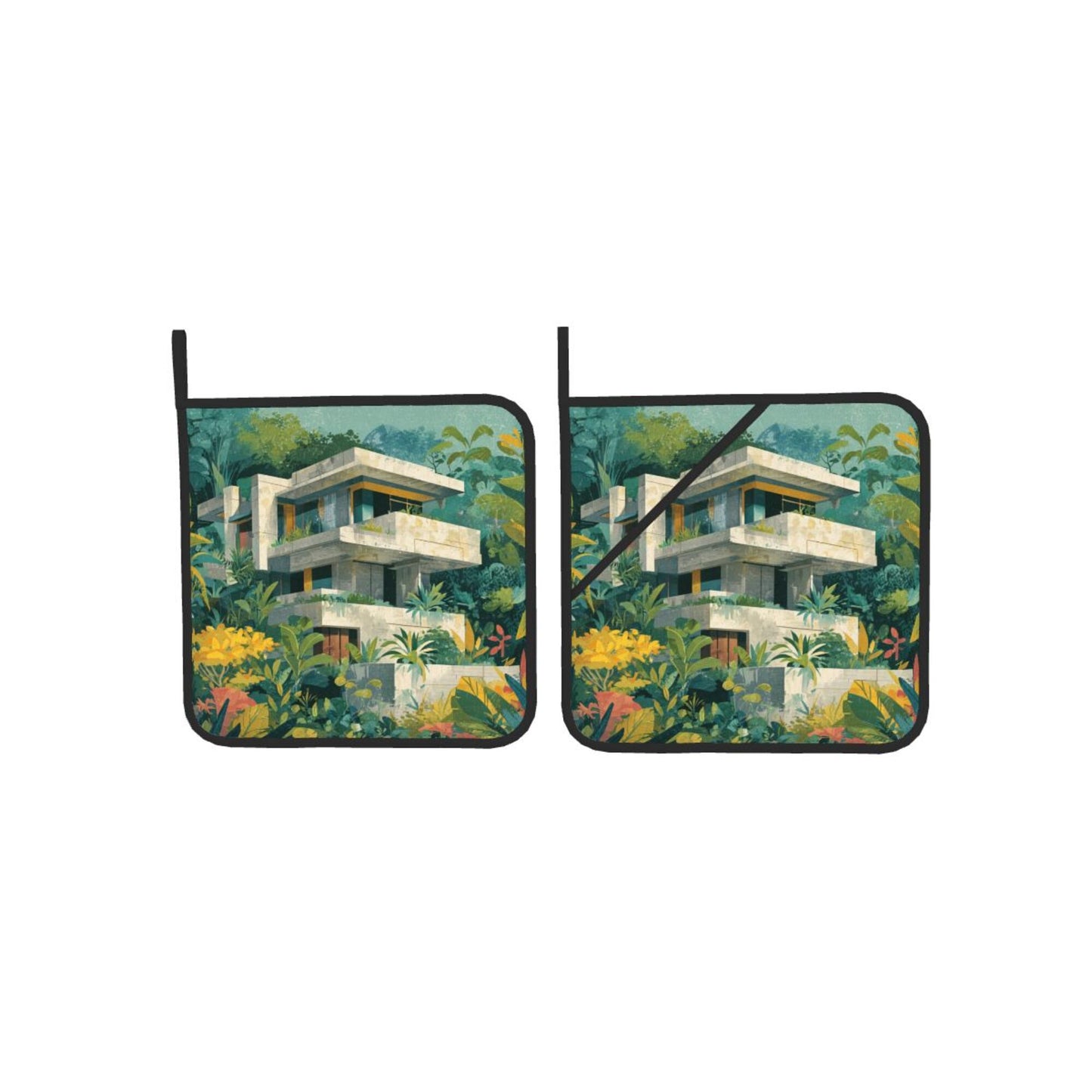 Square Heat Resistant Pads Set of 2 – Kitchen and Dining Table Protectors with Forest Villa Design, Durable and Easy to Clean