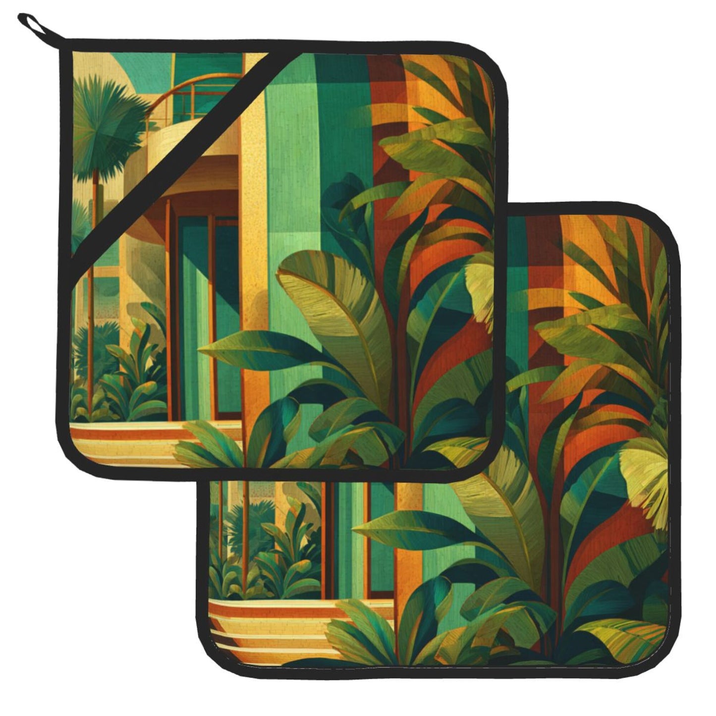 Square Heat Resistant Pads Set of 2 – Kitchen and Dining Protectors with Modern Architecture & Tropical Plant Design