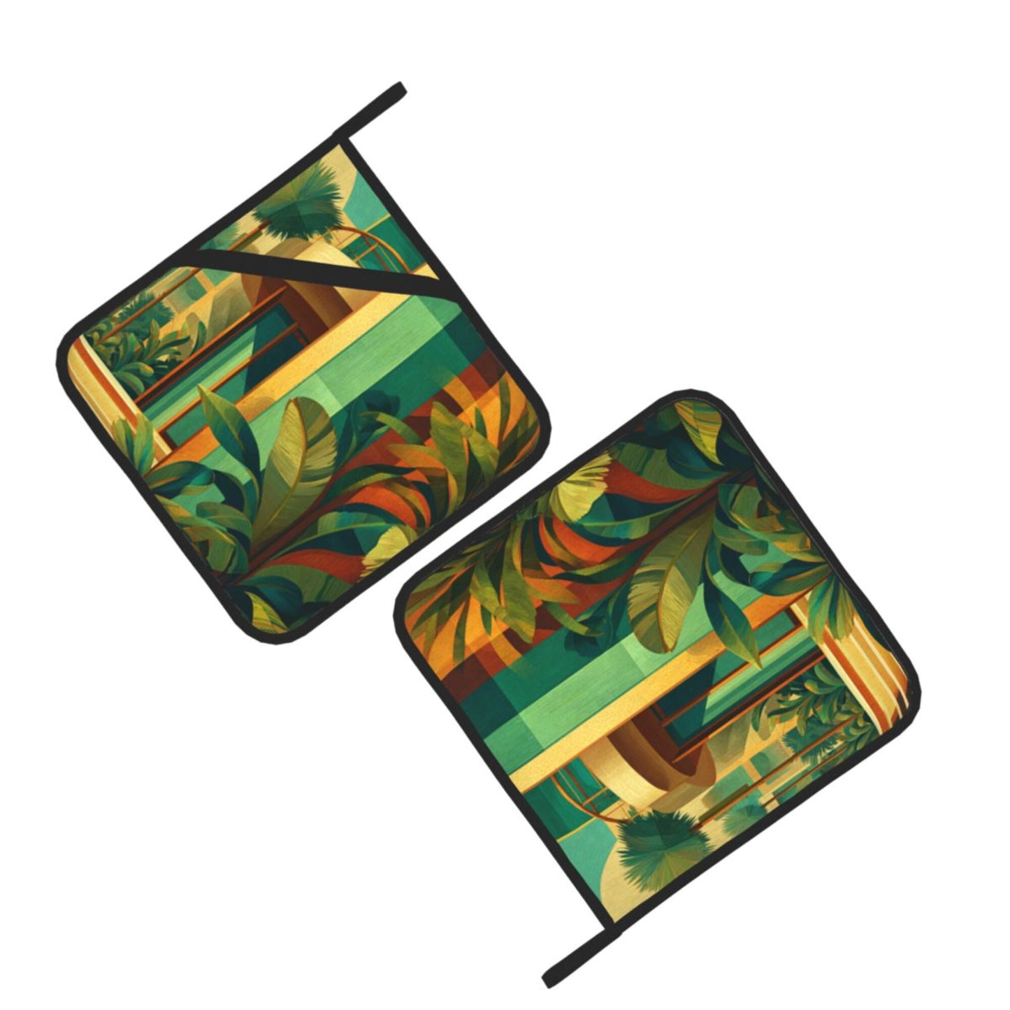 Square Heat Resistant Pads Set of 2 – Kitchen and Dining Protectors with Modern Architecture & Tropical Plant Design