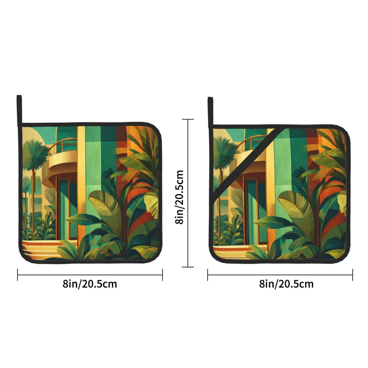 Square Heat Resistant Pads Set of 2 – Kitchen and Dining Protectors with Modern Architecture & Tropical Plant Design