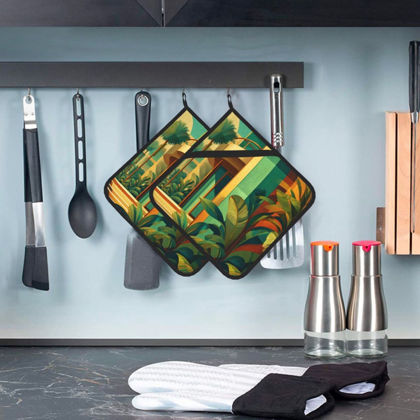 Square Heat Resistant Pads Set of 2 – Kitchen and Dining Protectors with Modern Architecture & Tropical Plant Design