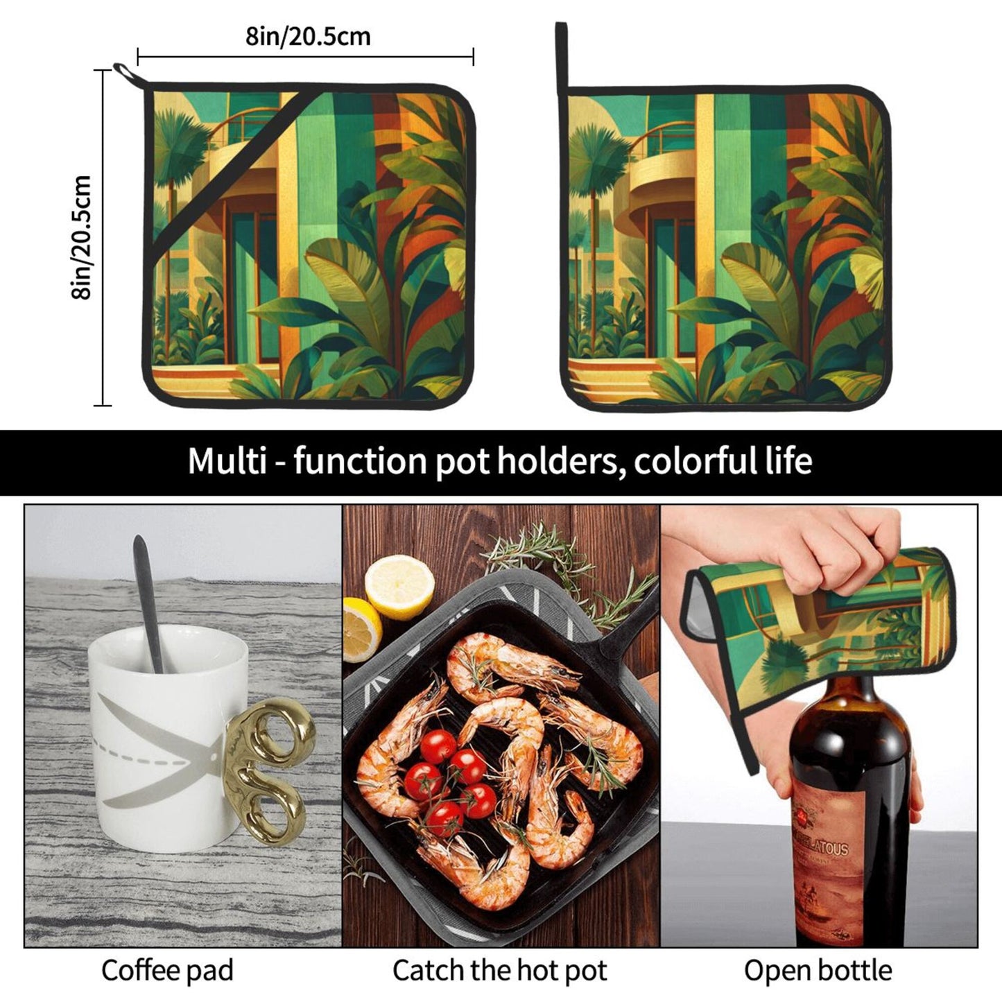 Square Heat Resistant Pads Set of 2 – Kitchen and Dining Protectors with Modern Architecture & Tropical Plant Design