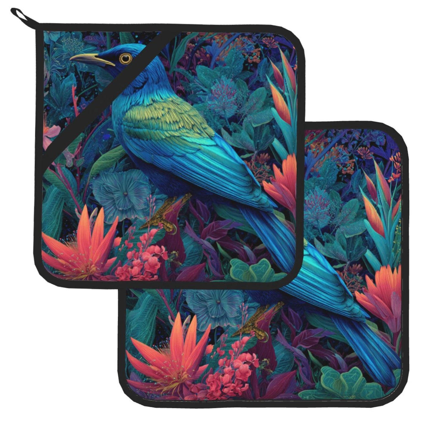 Square Heat Resistant Pads Set of 2 – Kitchen and Dining Protectors with Blue Tropical Bird & Floral Design