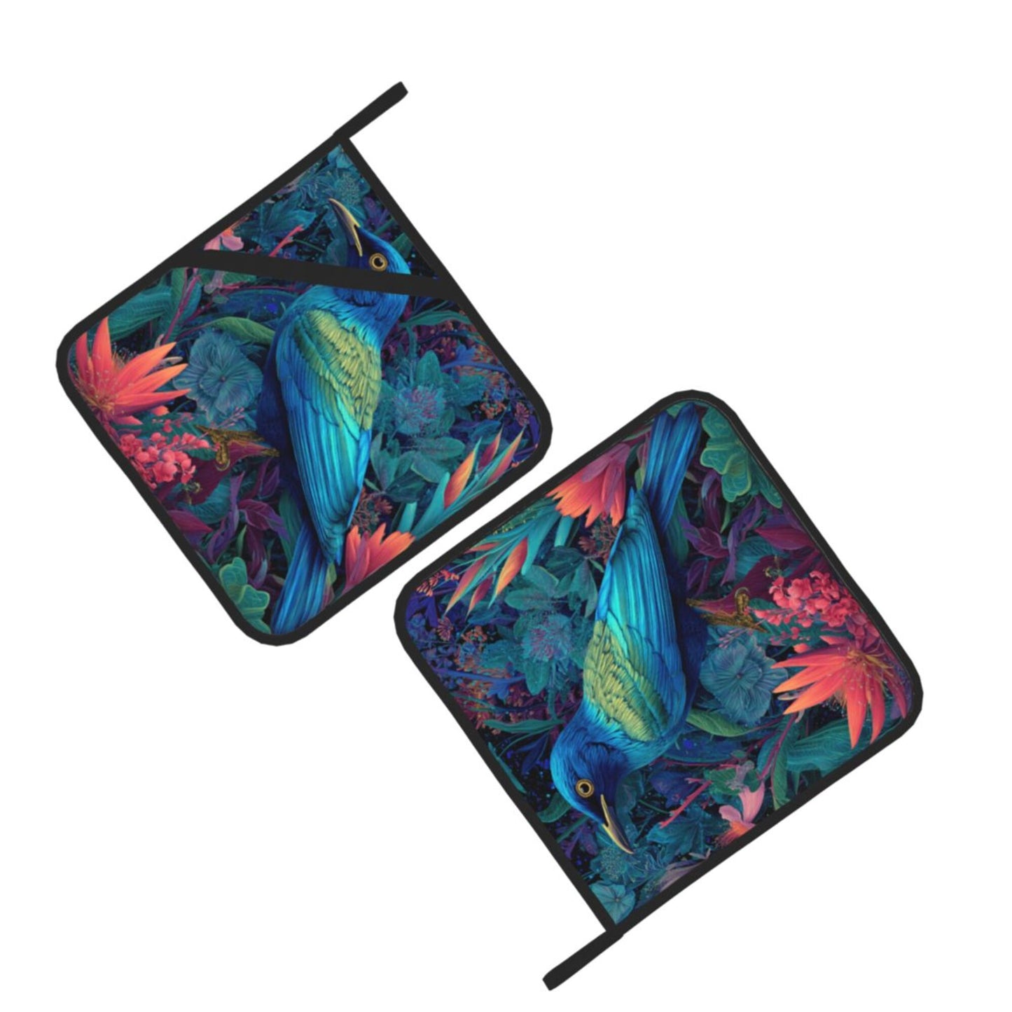 Square Heat Resistant Pads Set of 2 – Kitchen and Dining Protectors with Blue Tropical Bird & Floral Design