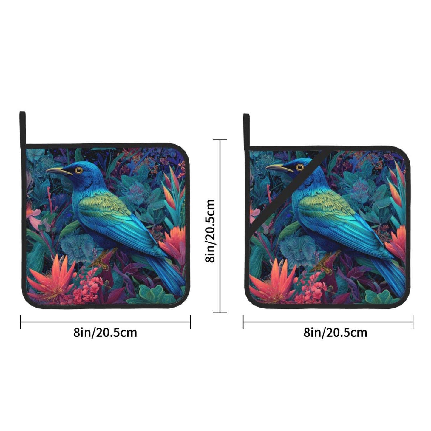Square Heat Resistant Pads Set of 2 – Kitchen and Dining Protectors with Blue Tropical Bird & Floral Design