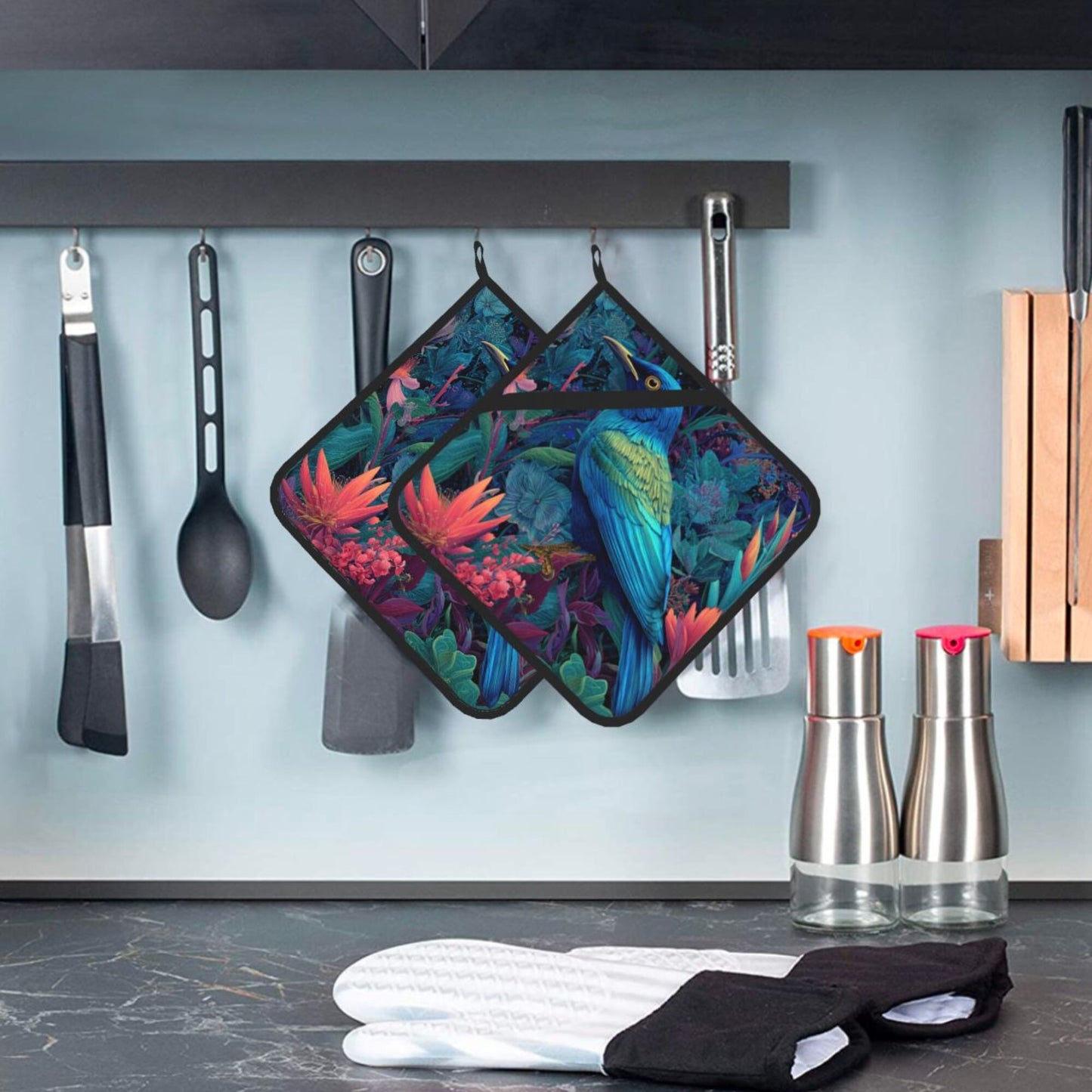 Square Heat Resistant Pads Set of 2 – Kitchen and Dining Protectors with Blue Tropical Bird & Floral Design