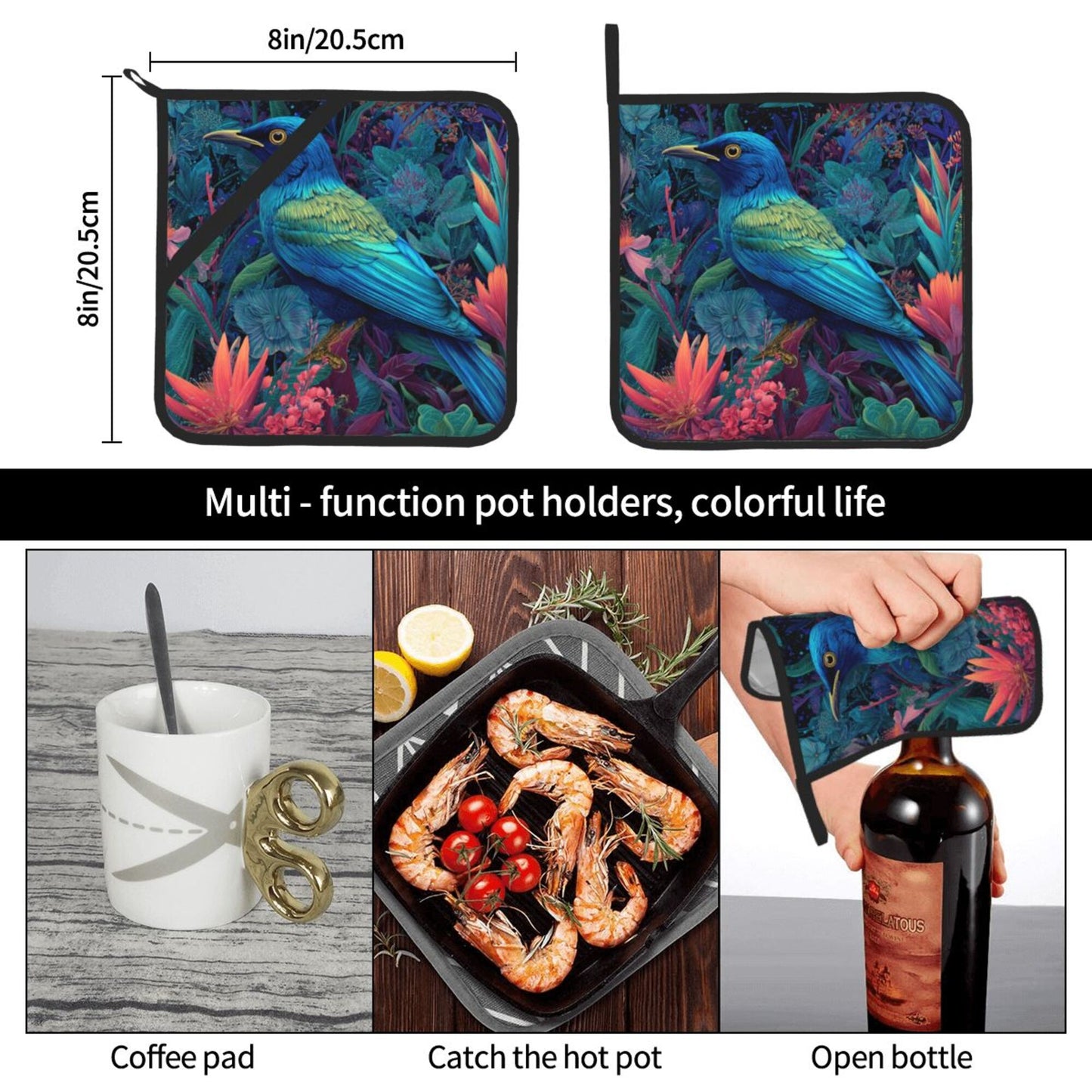 Square Heat Resistant Pads Set of 2 – Kitchen and Dining Protectors with Blue Tropical Bird & Floral Design