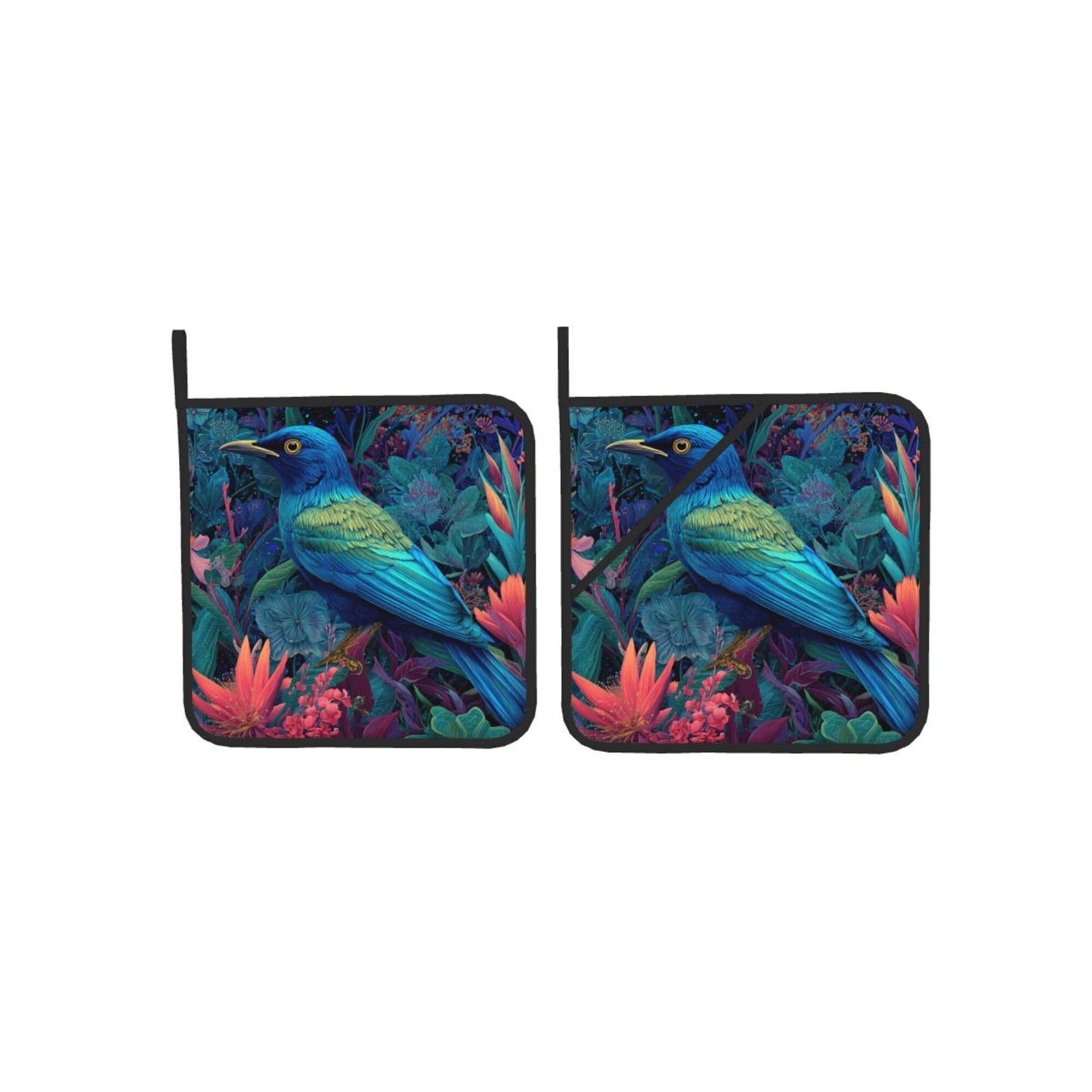 Square Heat Resistant Pads Set of 2 – Kitchen and Dining Protectors with Blue Tropical Bird & Floral Design