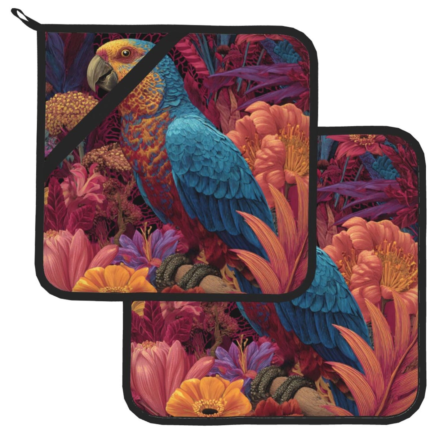 Square Heat Resistant Pads Set of 2 – Kitchen & Dining Protectors with Parrot and Floral Design