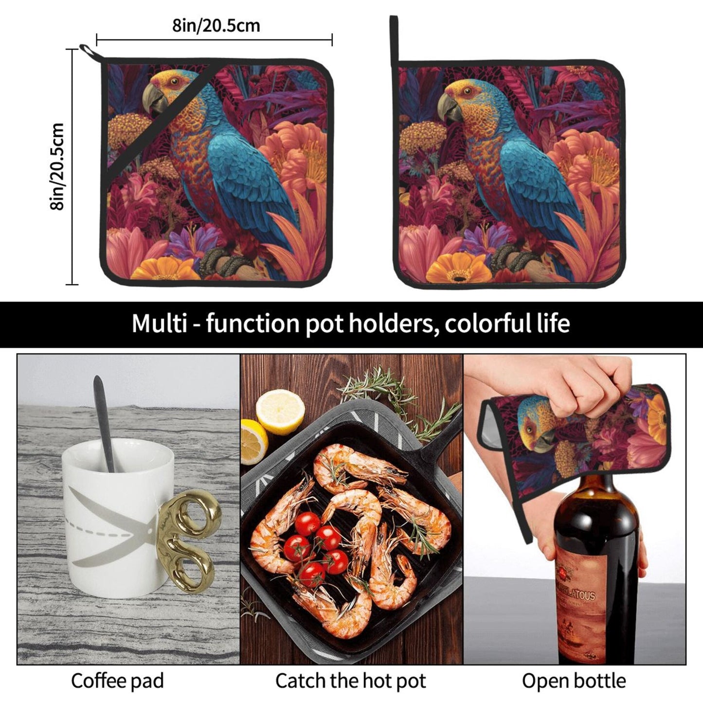 Square Heat Resistant Pads Set of 2 – Kitchen & Dining Protectors with Parrot and Floral Design