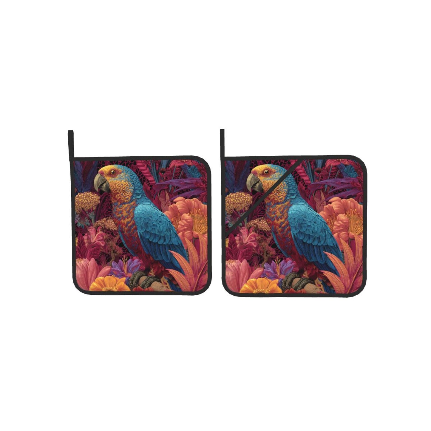 Square Heat Resistant Pads Set of 2 – Kitchen & Dining Protectors with Parrot and Floral Design