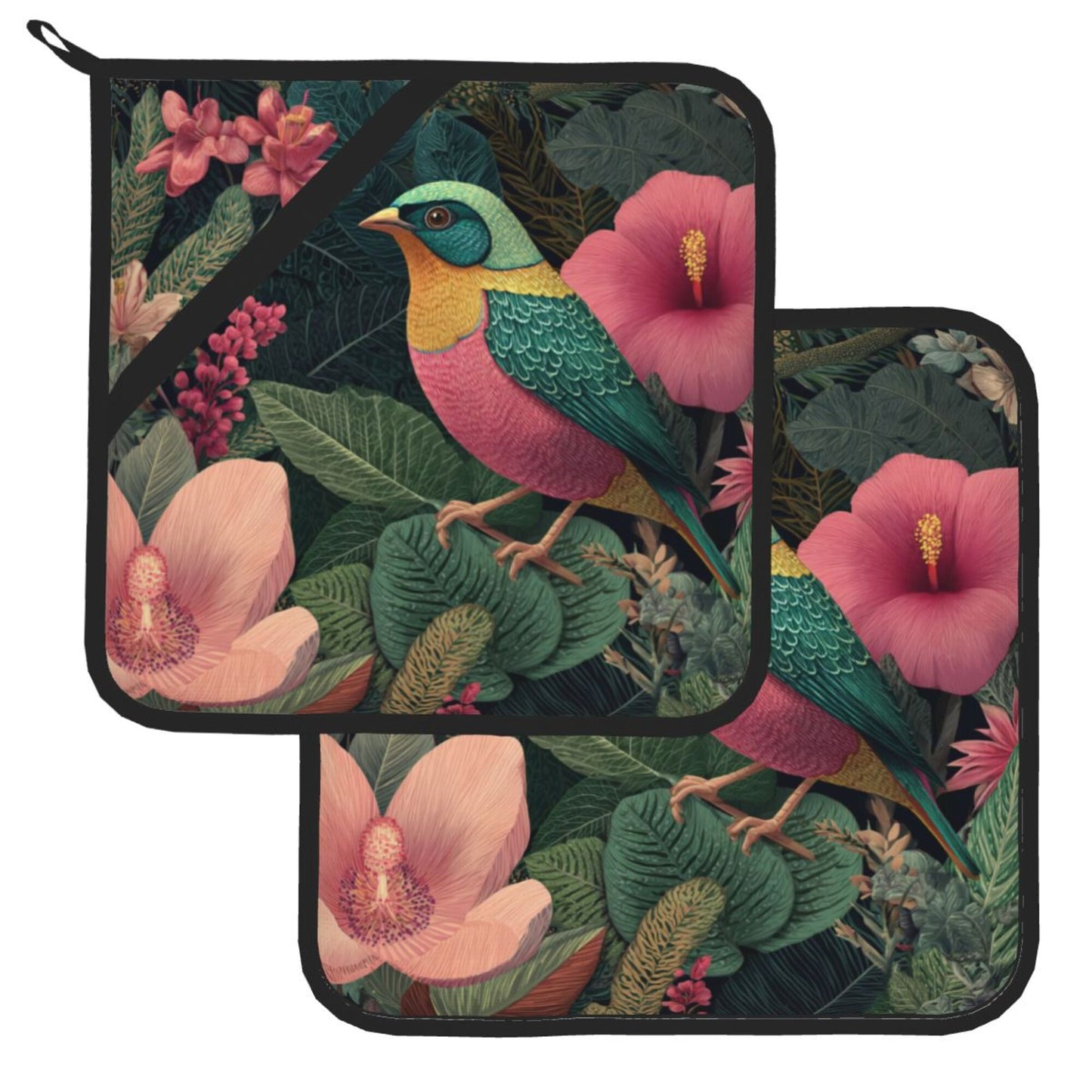 Square Heat Resistant Pads Set of 2 – Kitchen & Dining Protectors with Bird and Floral Artwork