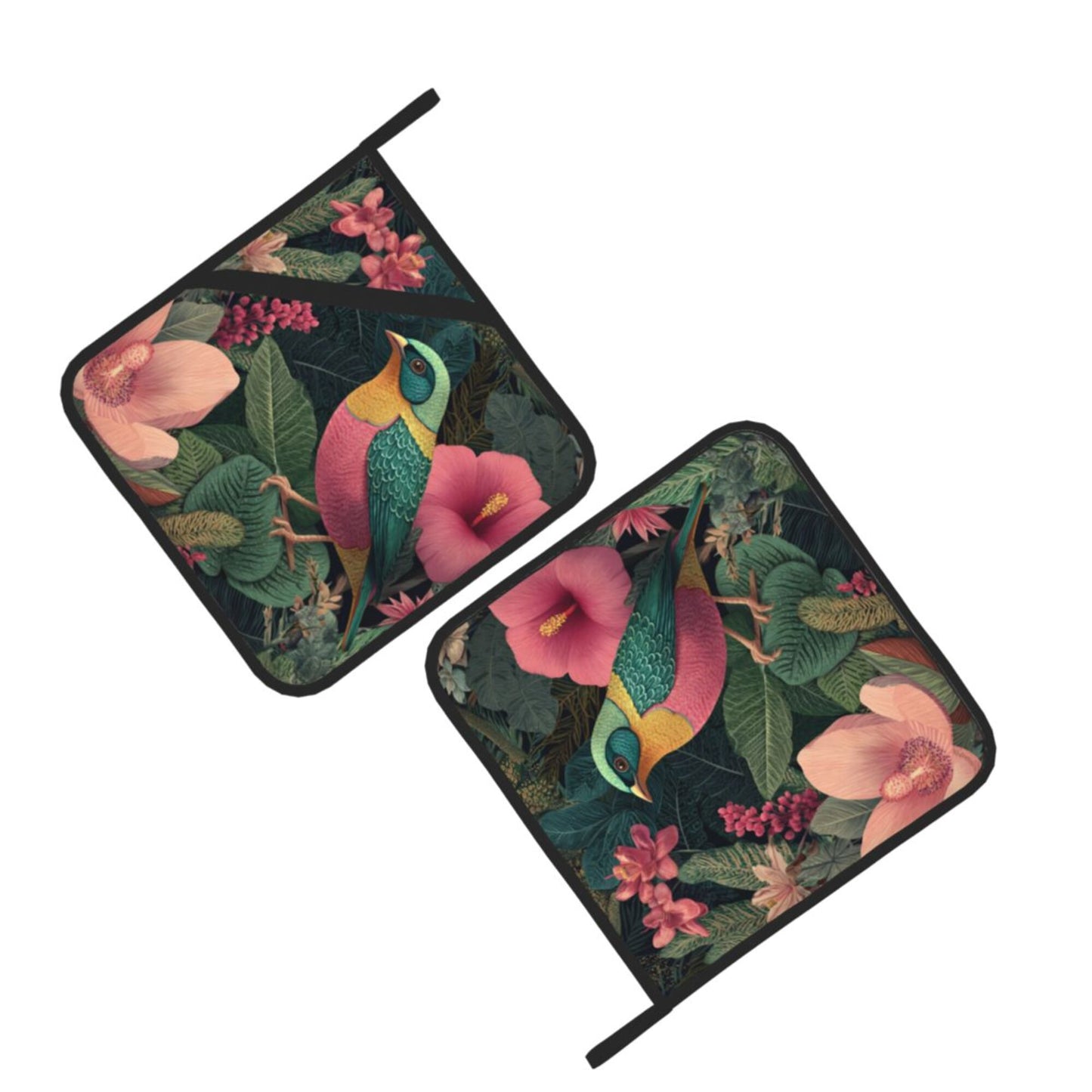 Square Heat Resistant Pads Set of 2 – Kitchen & Dining Protectors with Bird and Floral Artwork