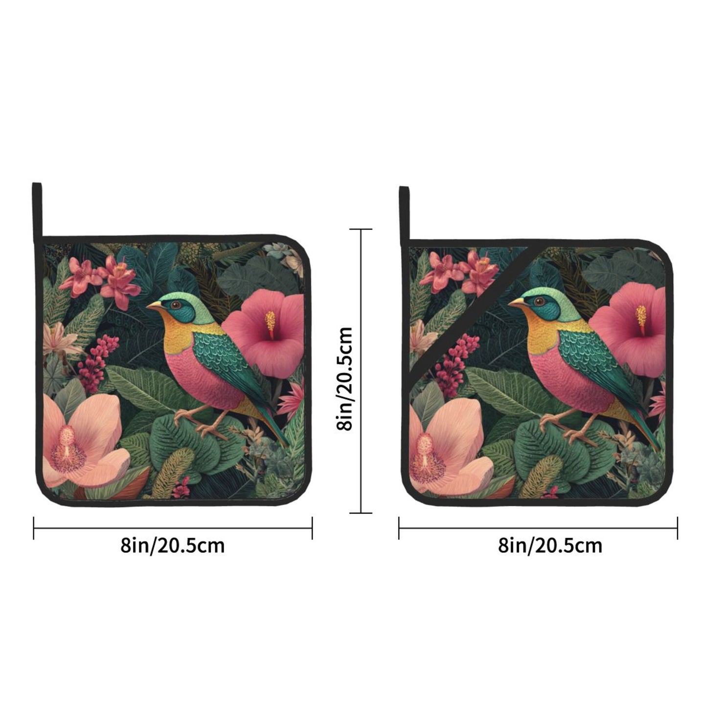 Square Heat Resistant Pads Set of 2 – Kitchen & Dining Protectors with Bird and Floral Artwork