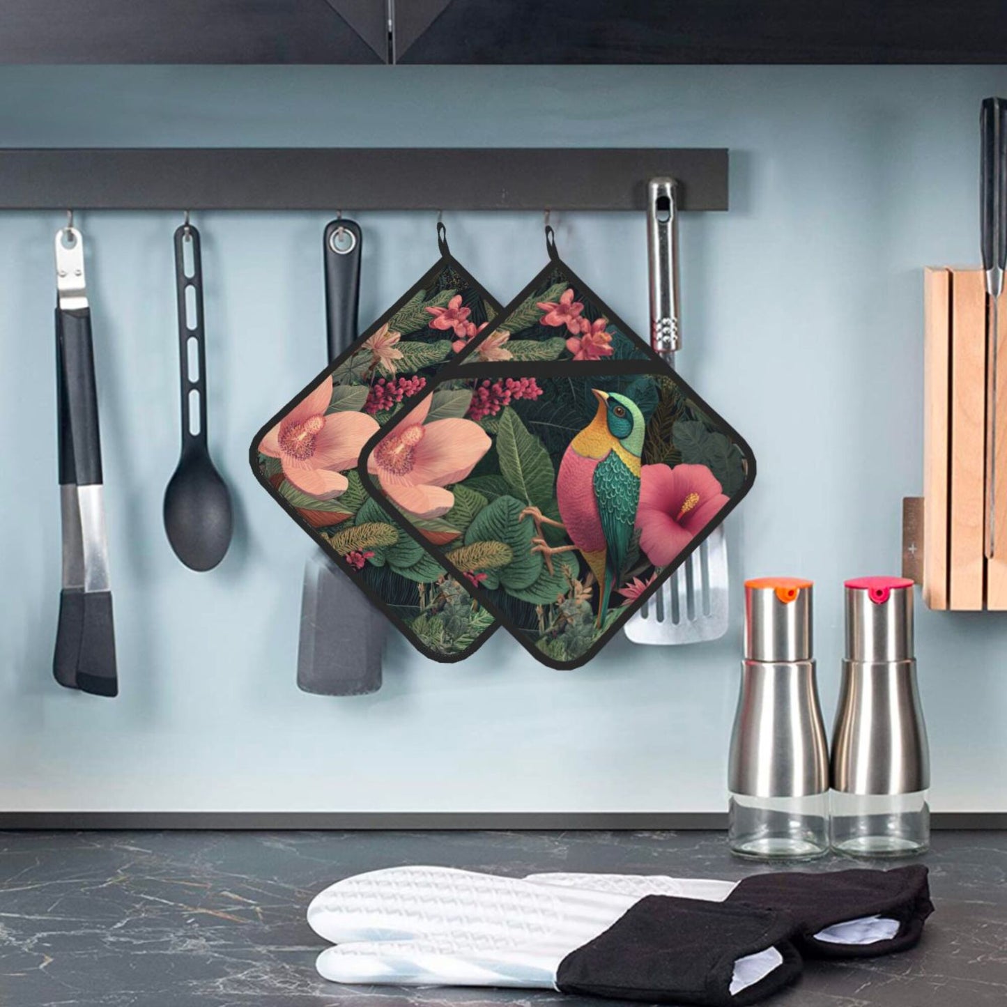 Square Heat Resistant Pads Set of 2 – Kitchen & Dining Protectors with Bird and Floral Artwork