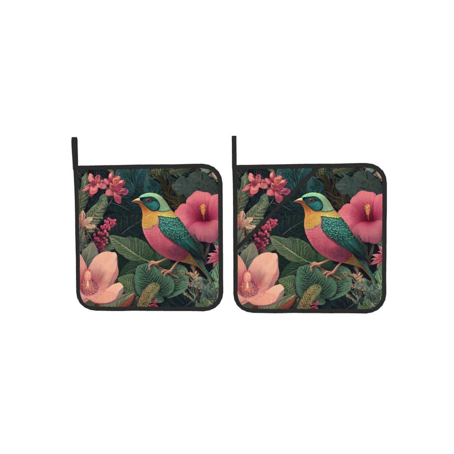 Square Heat Resistant Pads Set of 2 – Kitchen & Dining Protectors with Bird and Floral Artwork