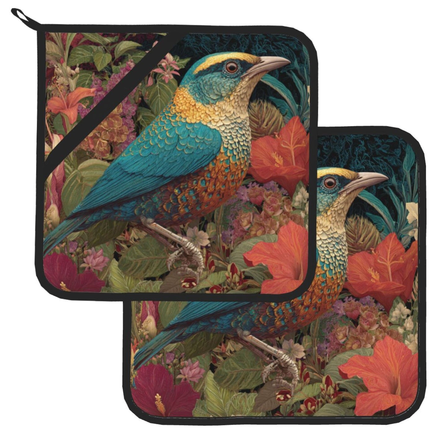 Square Heat Resistant Pads Set of 2 – Multi-Purpose Kitchen & Dining Protectors with Blue-Green Bird & Floral Design