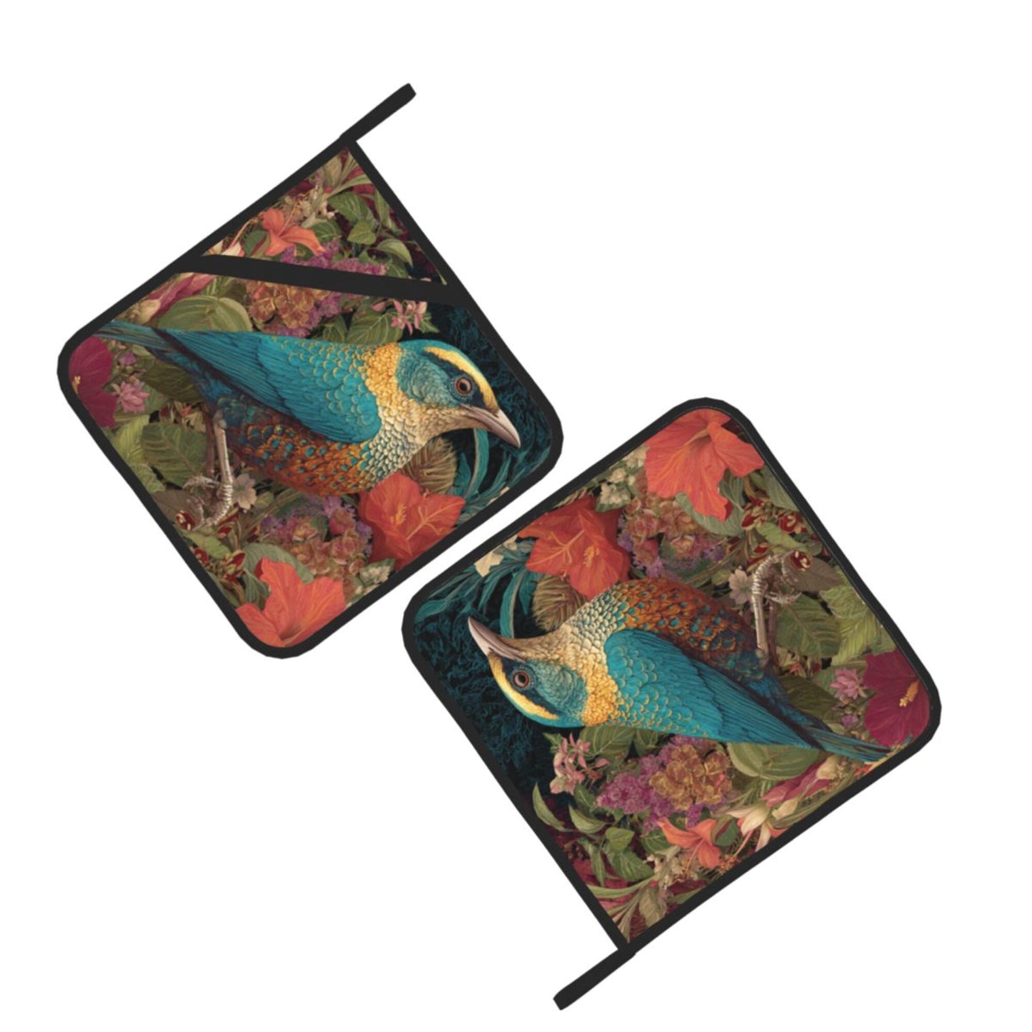Square Heat Resistant Pads Set of 2 – Multi-Purpose Kitchen & Dining Protectors with Blue-Green Bird & Floral Design