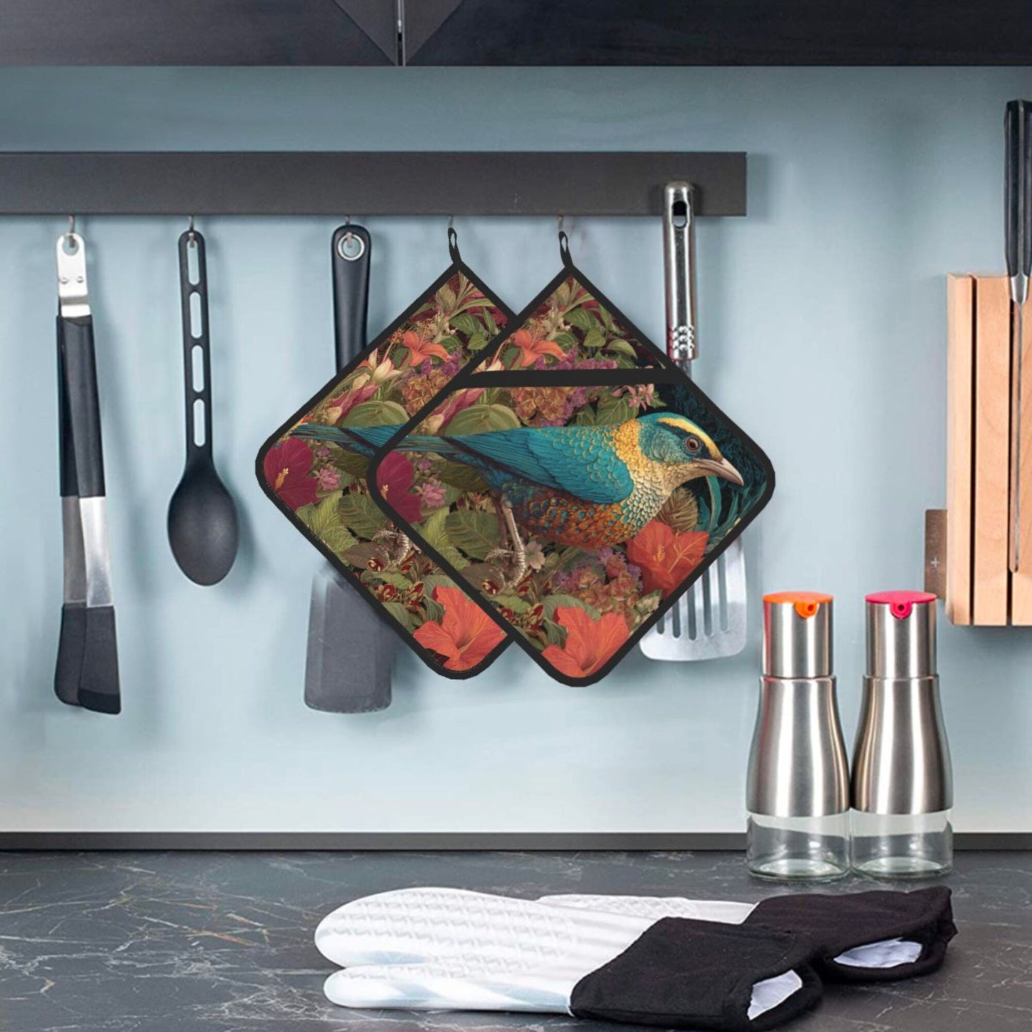 Square Heat Resistant Pads Set of 2 – Multi-Purpose Kitchen & Dining Protectors with Blue-Green Bird & Floral Design
