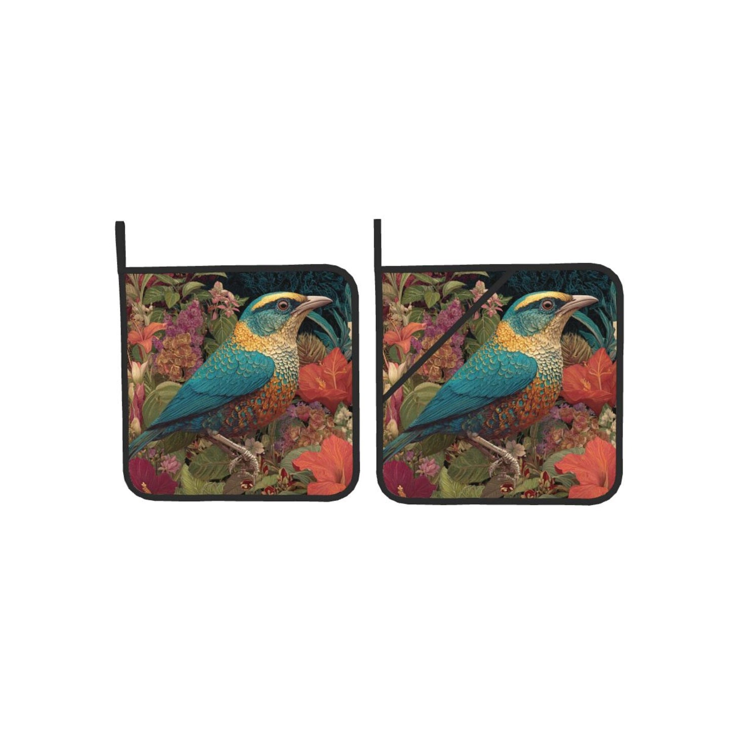Square Heat Resistant Pads Set of 2 – Multi-Purpose Kitchen & Dining Protectors with Blue-Green Bird & Floral Design