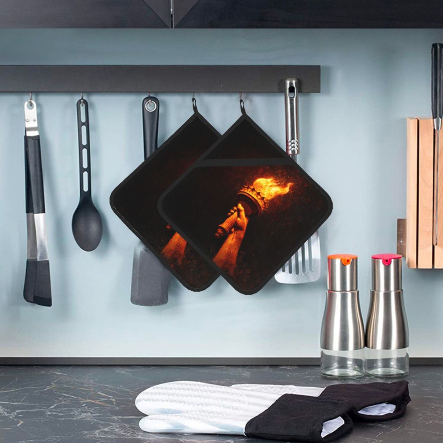 Square Heat Resistant Pads Set of 2 – Kitchen & Dining Protectors with Torch Flame Design