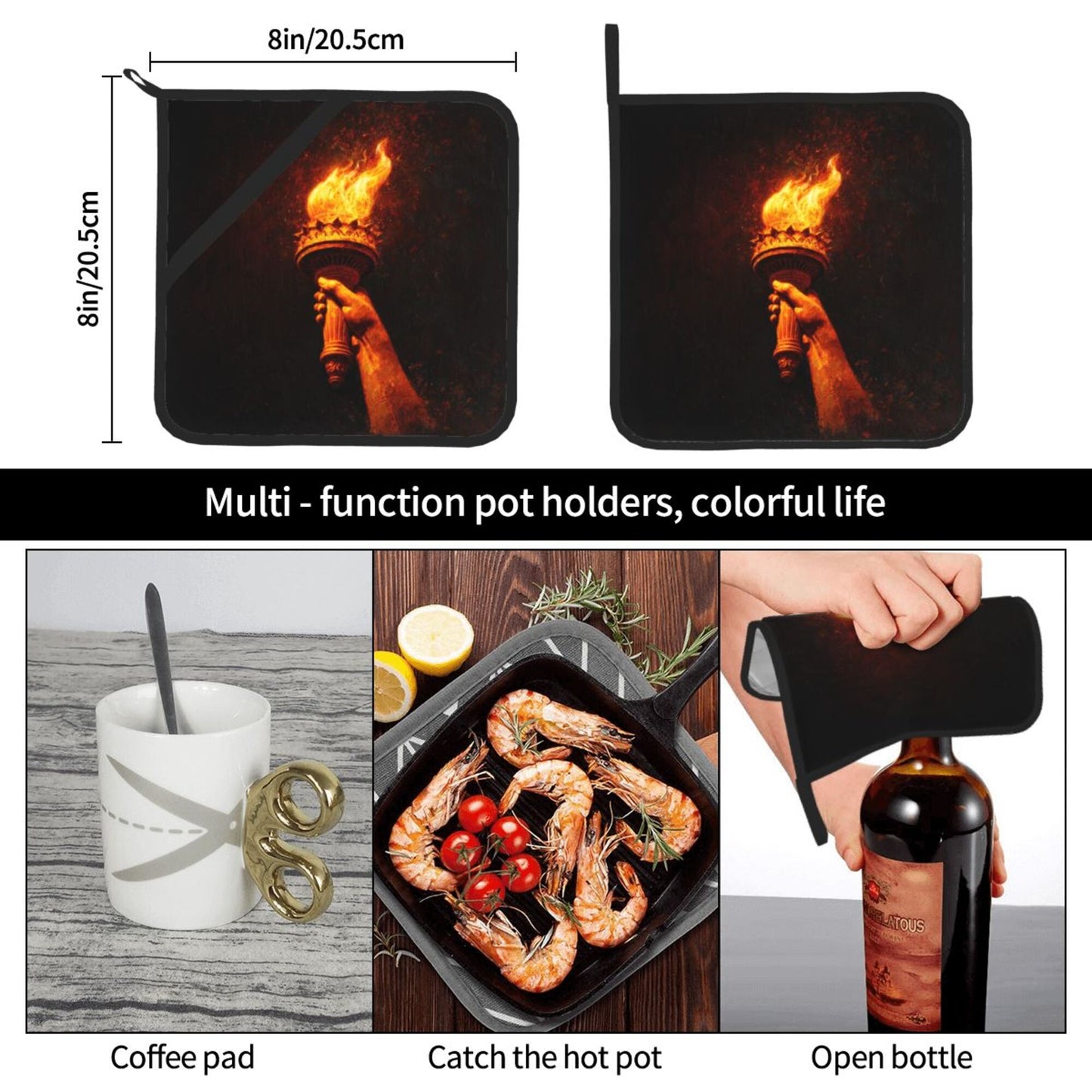 Square Heat Resistant Pads Set of 2 – Kitchen & Dining Protectors with Torch Flame Design