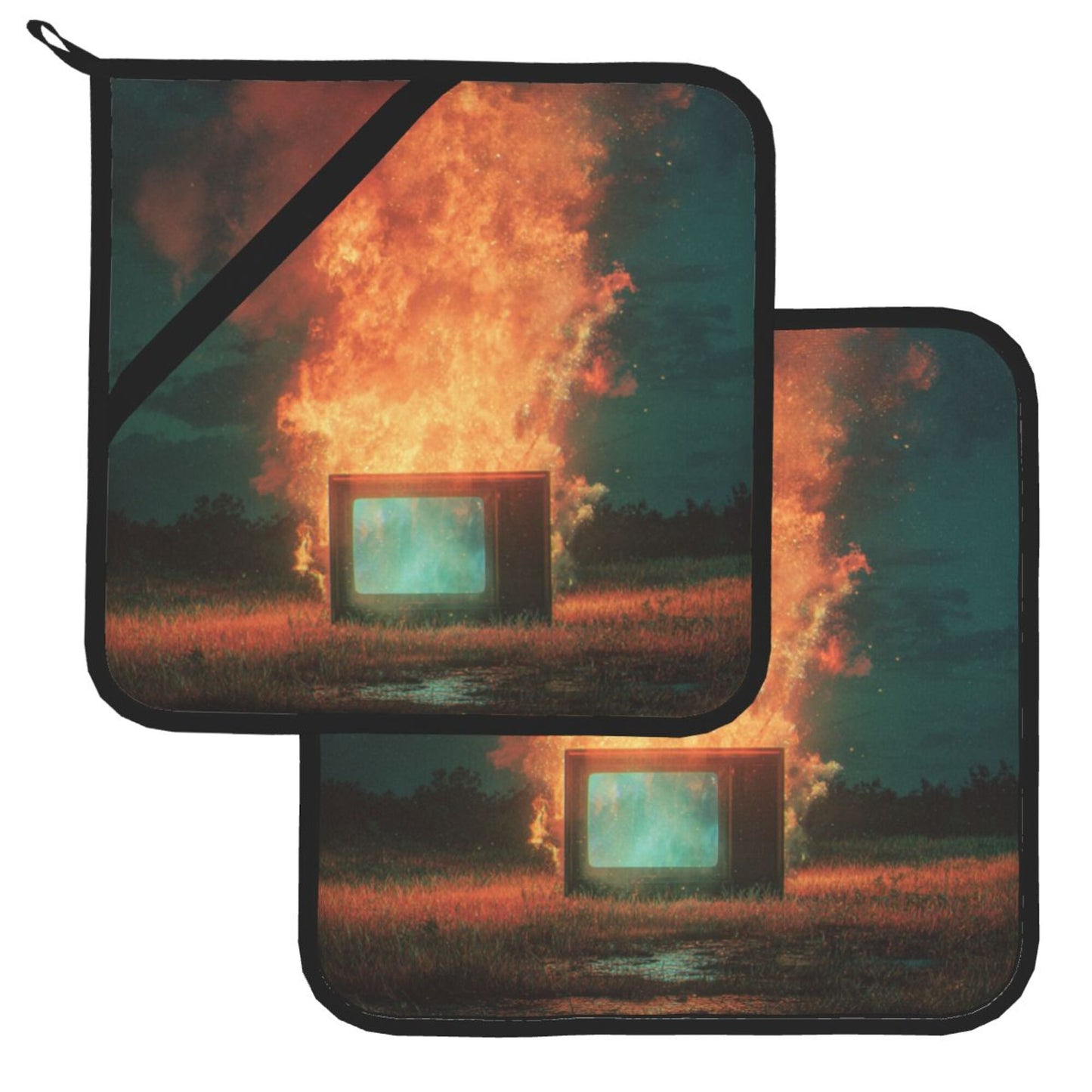 Square Heat Resistant Pads Set of 2 – Burning Installation Art Design, Non-Slip Kitchen & Table Protectors