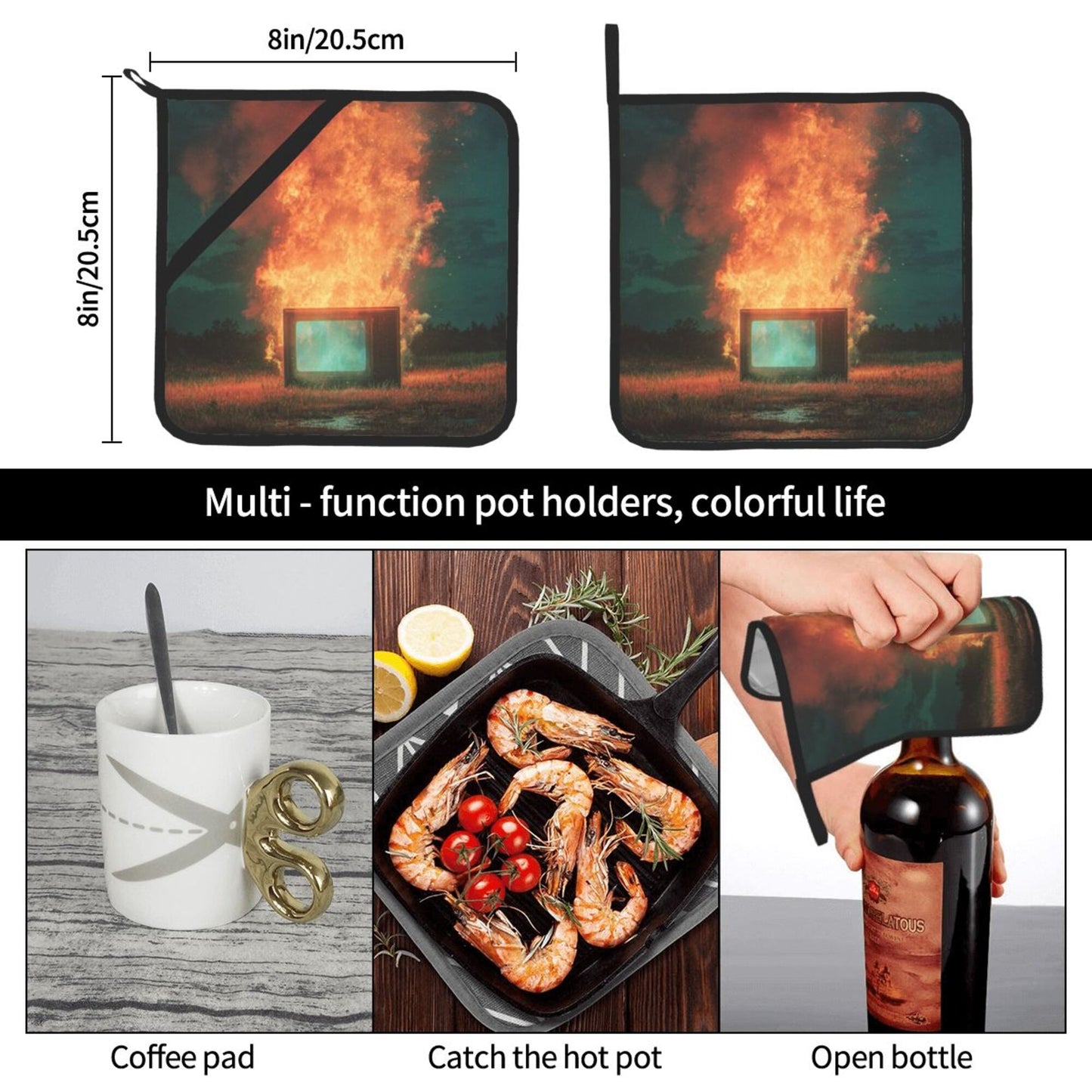 Square Heat Resistant Pads Set of 2 – Burning Installation Art Design, Non-Slip Kitchen & Table Protectors
