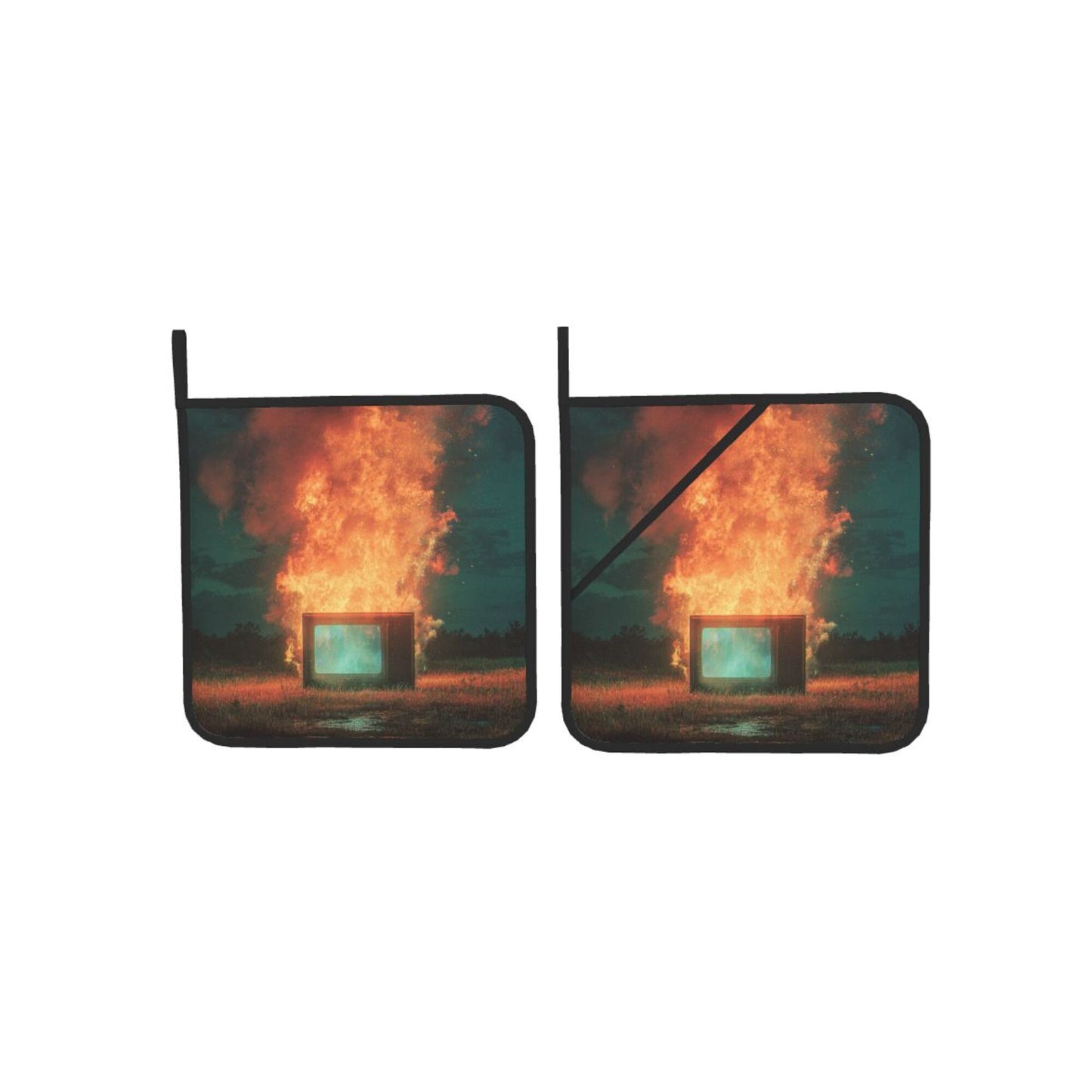 Square Heat Resistant Pads Set of 2 – Burning Installation Art Design, Non-Slip Kitchen & Table Protectors