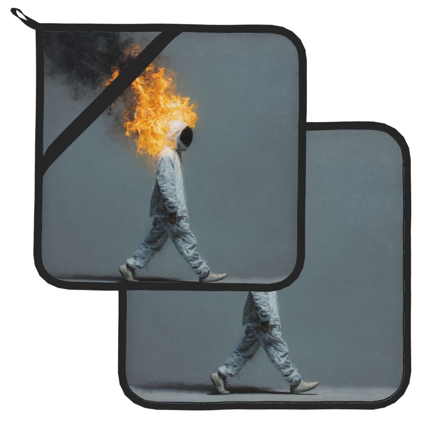 Square Heat Resistant Pads Set of 2 – Walking Flame Man Artistic Design, Non-Slip Kitchen & Dining Protectors