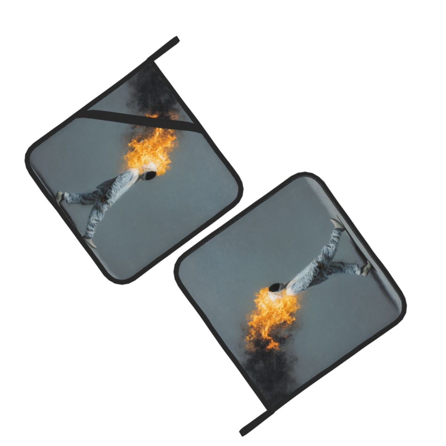 Square Heat Resistant Pads Set of 2 – Walking Flame Man Artistic Design, Non-Slip Kitchen & Dining Protectors