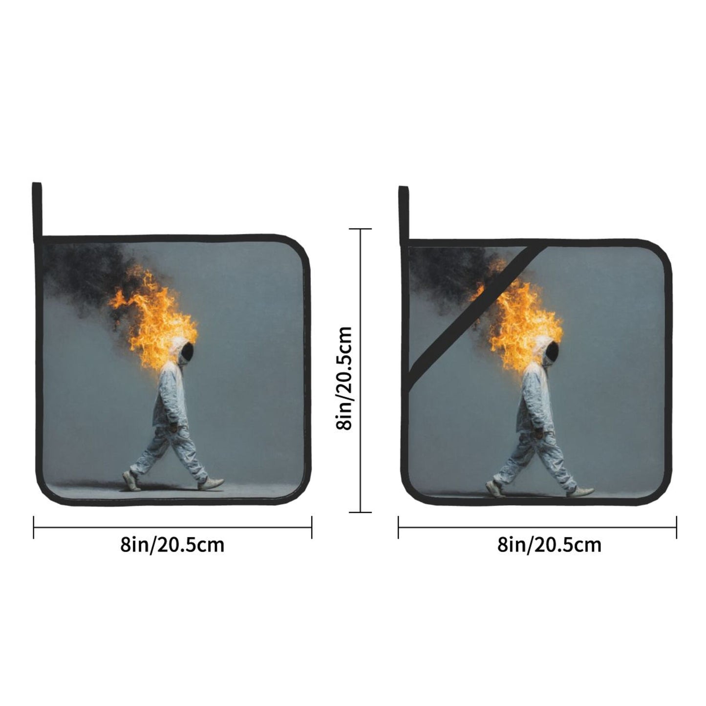 Square Heat Resistant Pads Set of 2 – Walking Flame Man Artistic Design, Non-Slip Kitchen & Dining Protectors