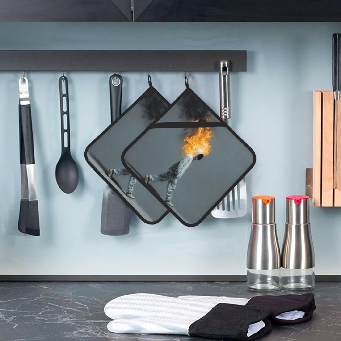 Square Heat Resistant Pads Set of 2 – Walking Flame Man Artistic Design, Non-Slip Kitchen & Dining Protectors