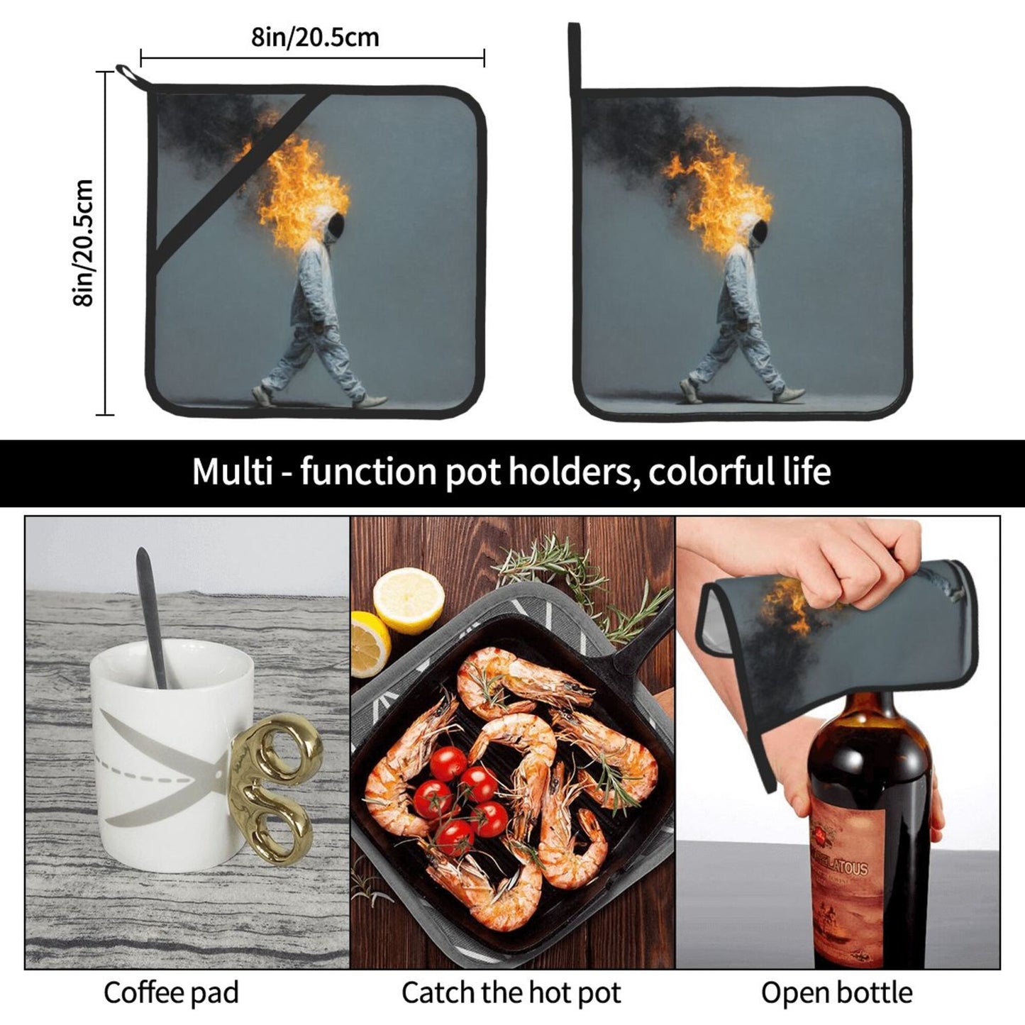 Square Heat Resistant Pads Set of 2 – Walking Flame Man Artistic Design, Non-Slip Kitchen & Dining Protectors