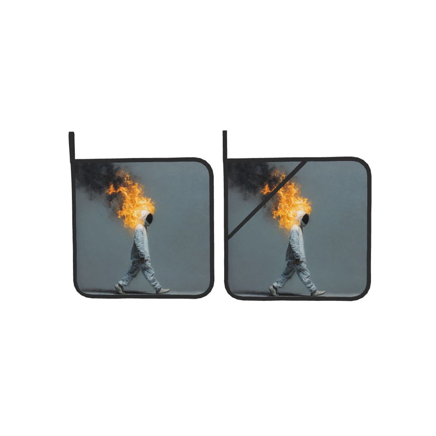 Square Heat Resistant Pads Set of 2 – Walking Flame Man Artistic Design, Non-Slip Kitchen & Dining Protectors