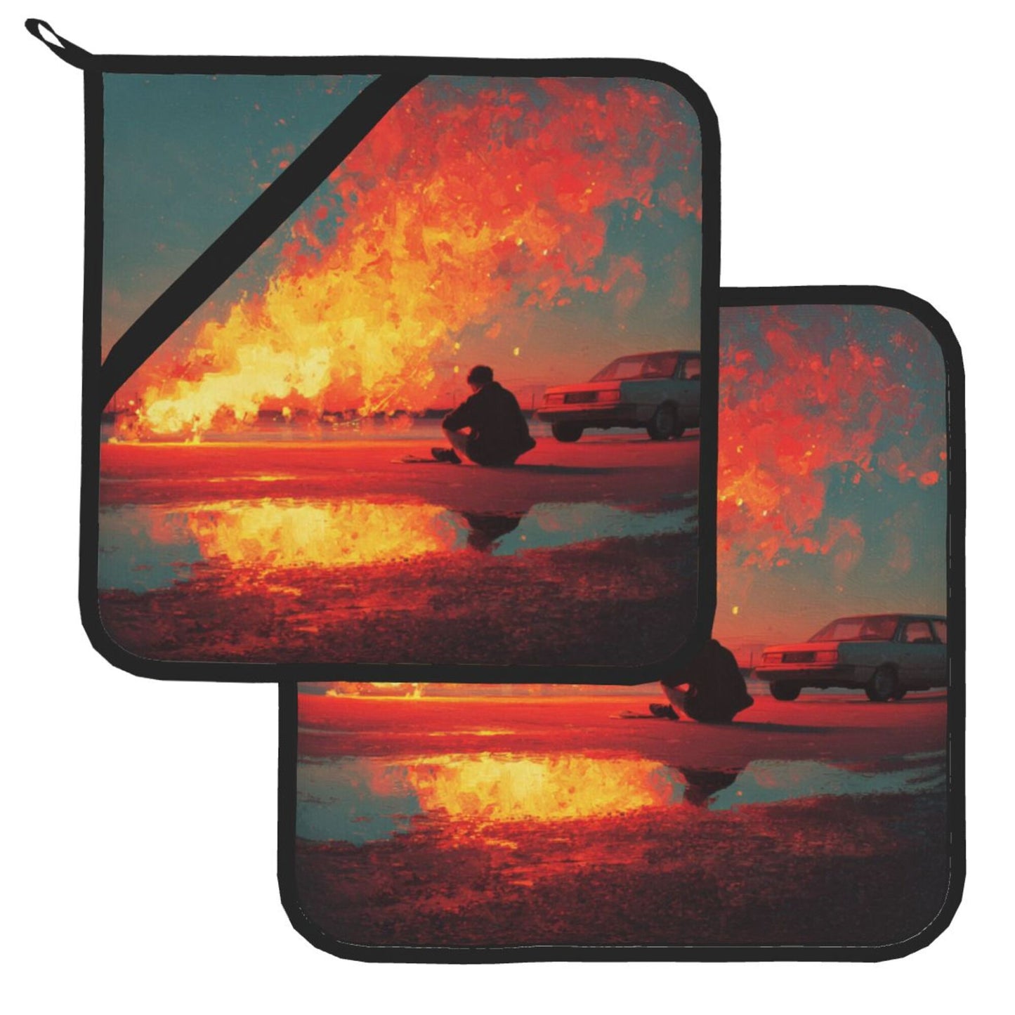 Square Heat Resistant Pads Set of 2 – Flame Street Scene Artistic Design, Non-Slip Kitchen & Dining Protectors