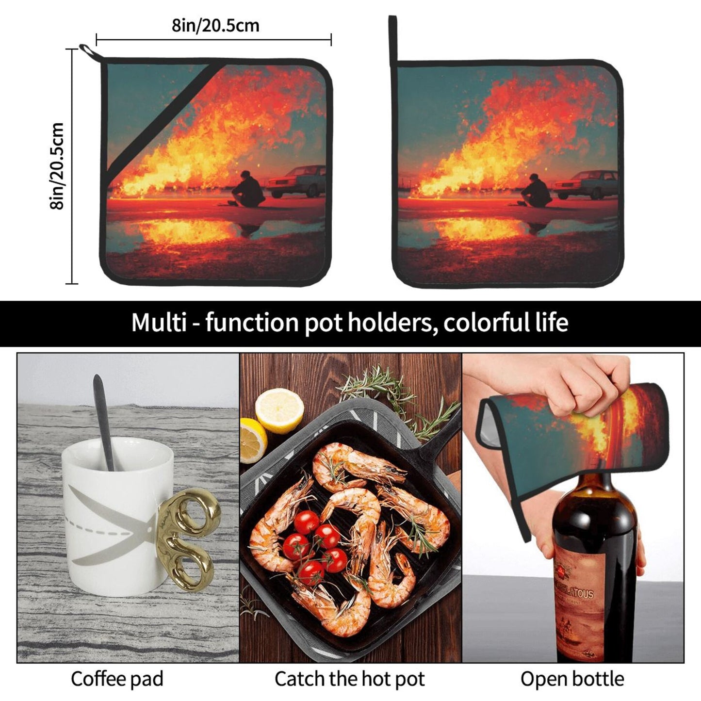 Square Heat Resistant Pads Set of 2 – Flame Street Scene Artistic Design, Non-Slip Kitchen & Dining Protectors