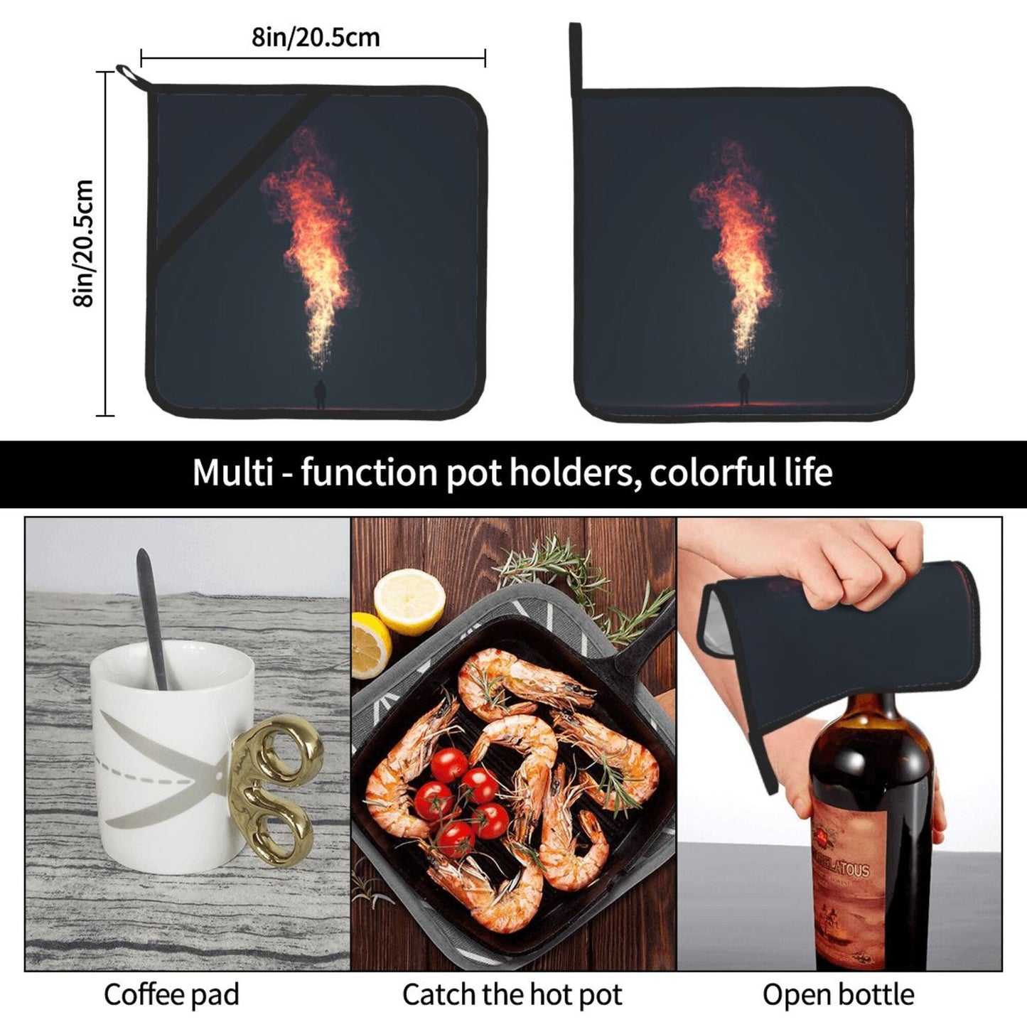 Square Heat Resistant Pads Set of 2 – Flame Jet Artistic Design, Non-Slip Kitchen & Dining Protectors
