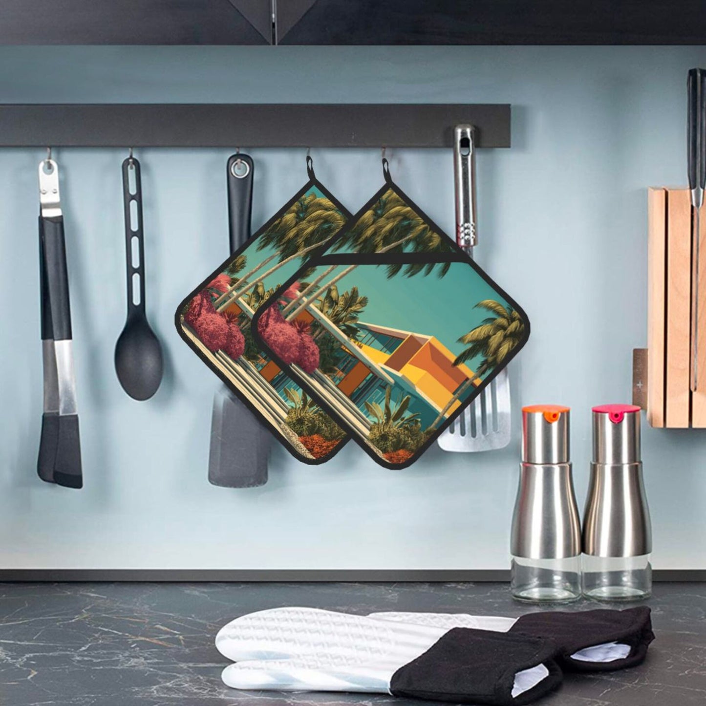 Square Heat Resistant Pads Set of 2 – Durable Non-Slip Kitchen and Dining Table Protectors with Tropical Modern Print