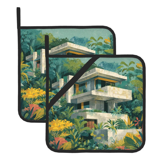 Square Heat Resistant Pads Set of 2 – Kitchen and Dining Table Protectors with Forest Villa Design, Durable and Easy to Clean