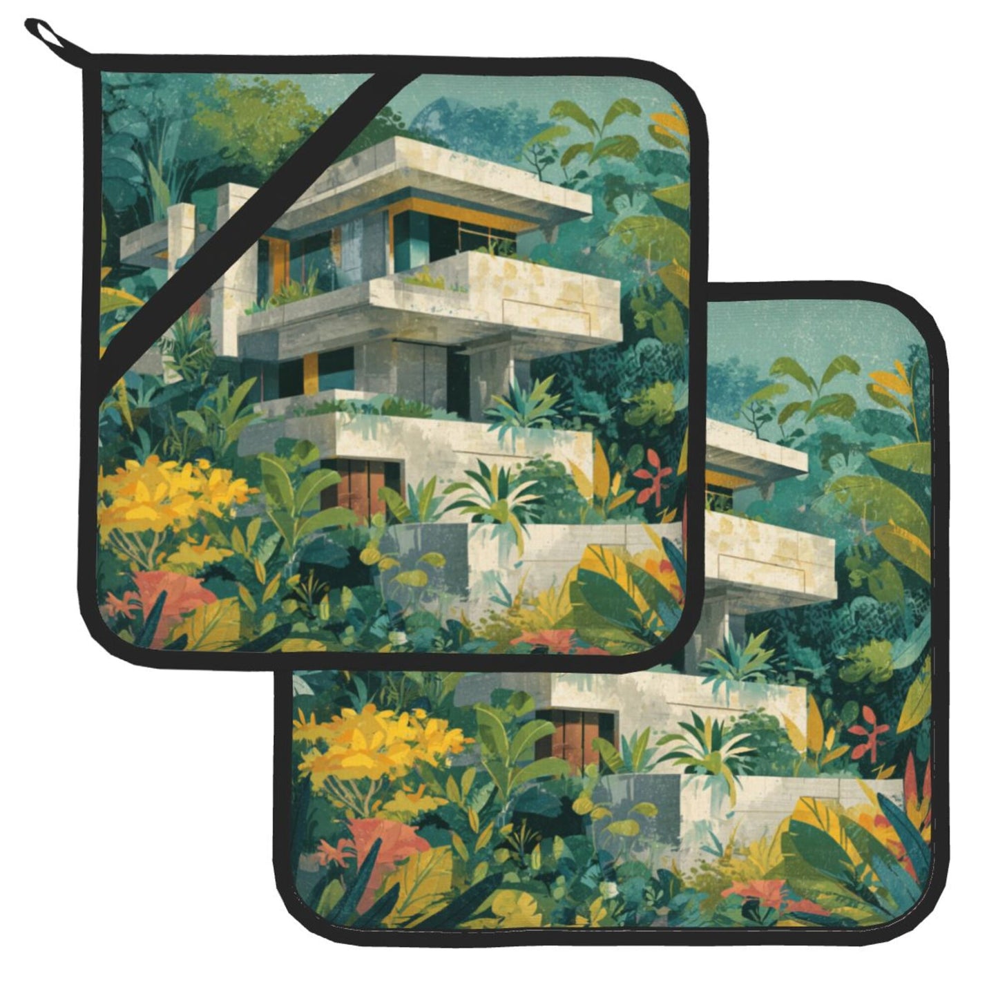 Square Heat Resistant Pads Set of 2 – Kitchen and Dining Table Protectors with Forest Villa Design, Durable and Easy to Clean