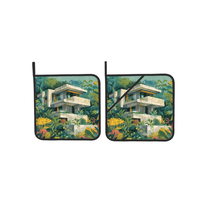 Square Heat Resistant Pads Set of 2 – Kitchen and Dining Table Protectors with Forest Villa Design, Durable and Easy to Clean