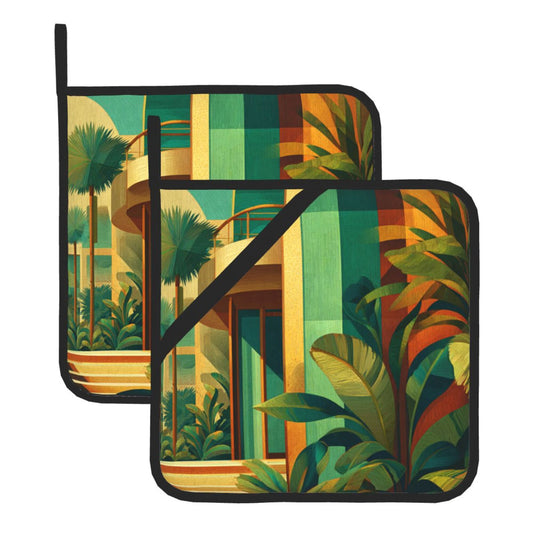 Square Heat Resistant Pads Set of 2 – Kitchen and Dining Protectors with Modern Architecture & Tropical Plant Design