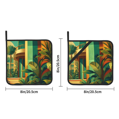 Square Heat Resistant Pads Set of 2 – Kitchen and Dining Protectors with Modern Architecture & Tropical Plant Design
