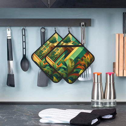 Square Heat Resistant Pads Set of 2 – Kitchen and Dining Protectors with Modern Architecture & Tropical Plant Design